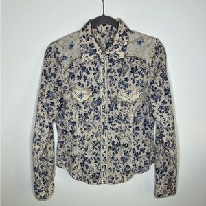 Blue and Cream Button Down Shirt with Floral Print